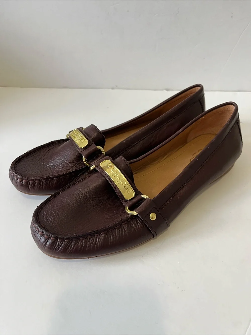 Coach Felisha Brown Leather Gold Accent Driving Loafers Size 8M